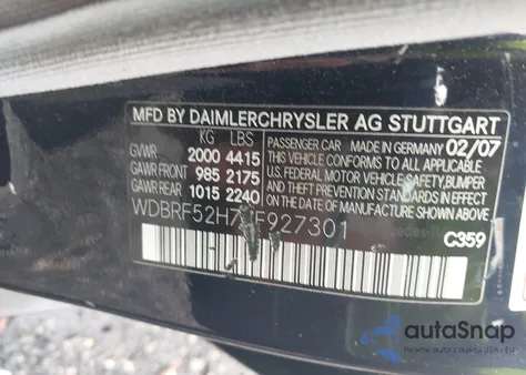 2007 Mercedes-Benz C 230 Sport z USA, uszkodzony, nr VIN WDBRF52H77F927301